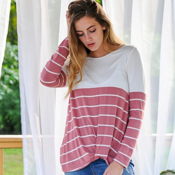 Vine & Love Pink Striped Twist Front Tee S M L - Picture 6 of 11